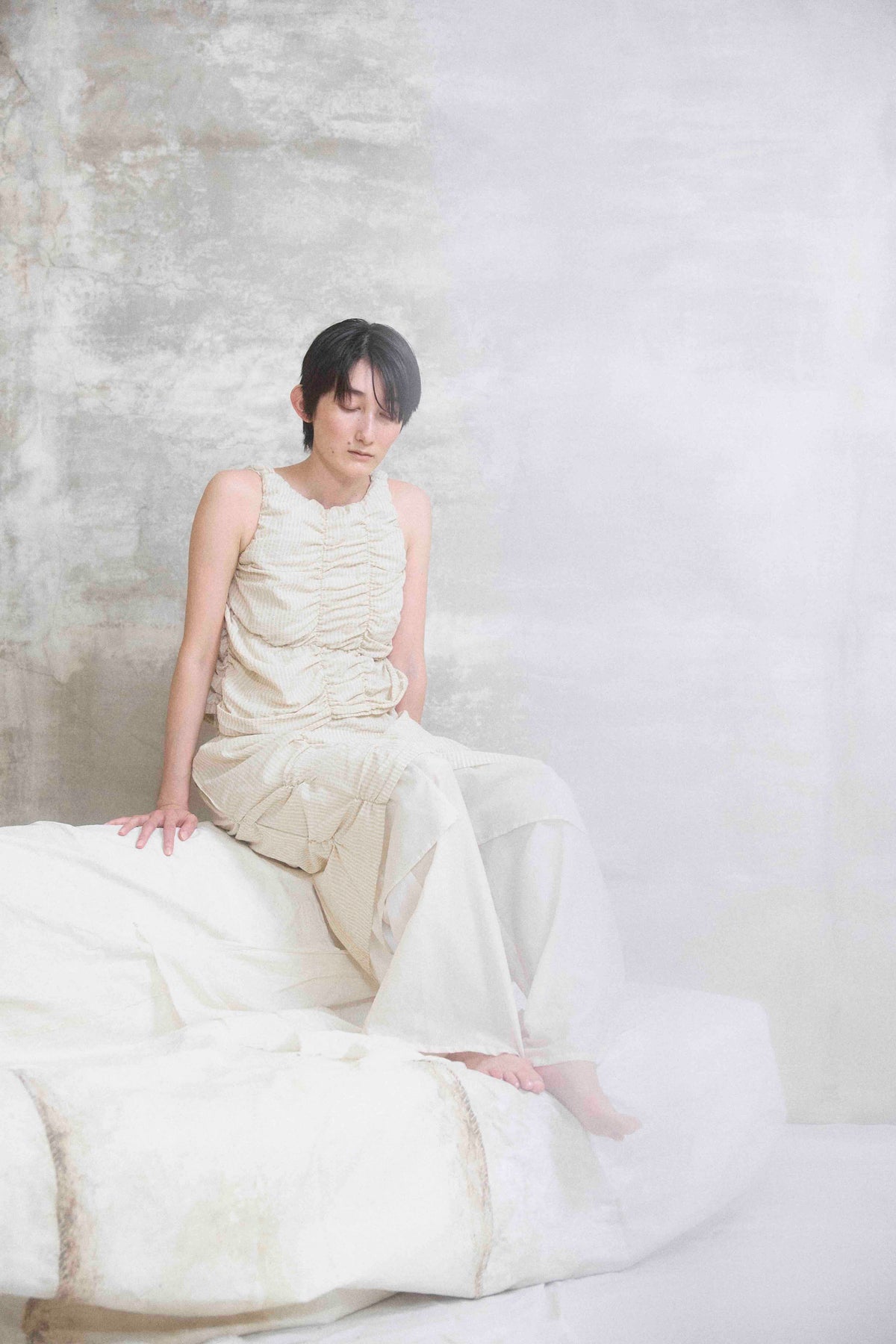 The layerd skirt pants / Cotton 100% x Cotton 100% x  Cotton 70% Silk 30% / Black